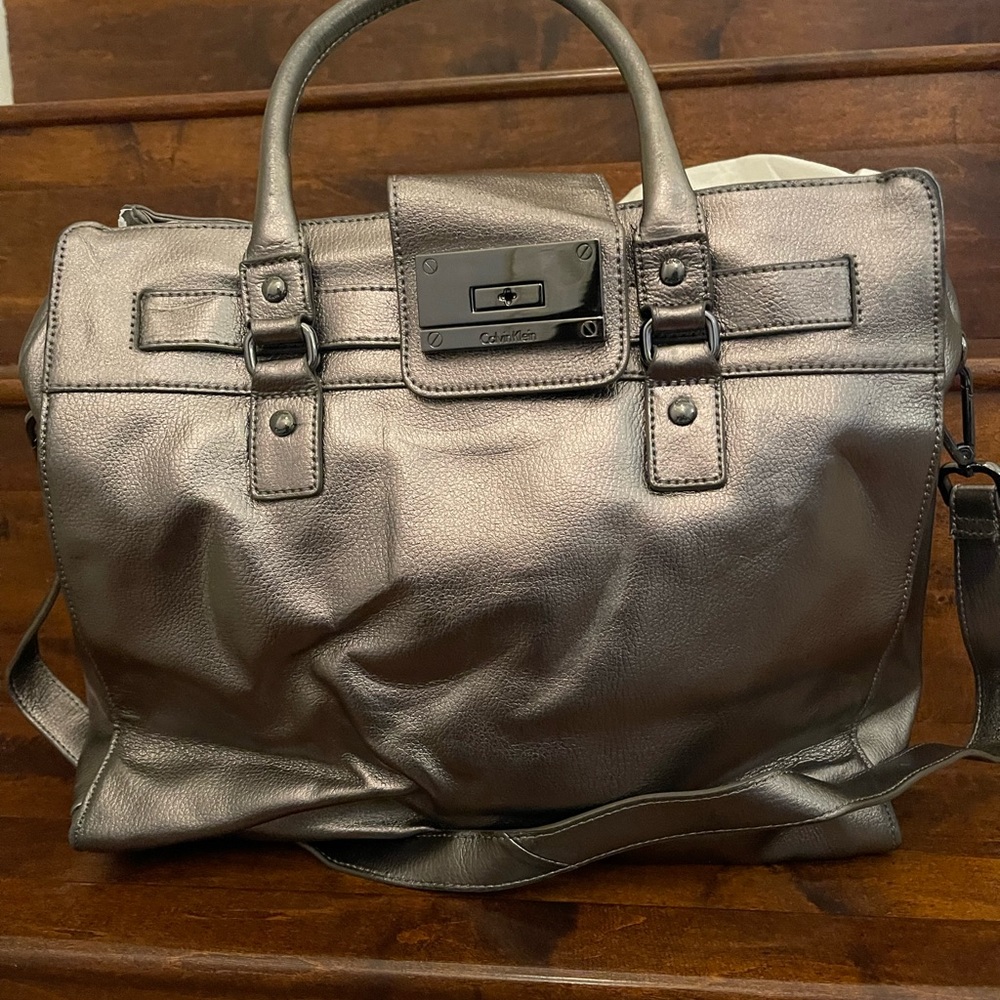 Silver leather tote bag by Calvin Klein